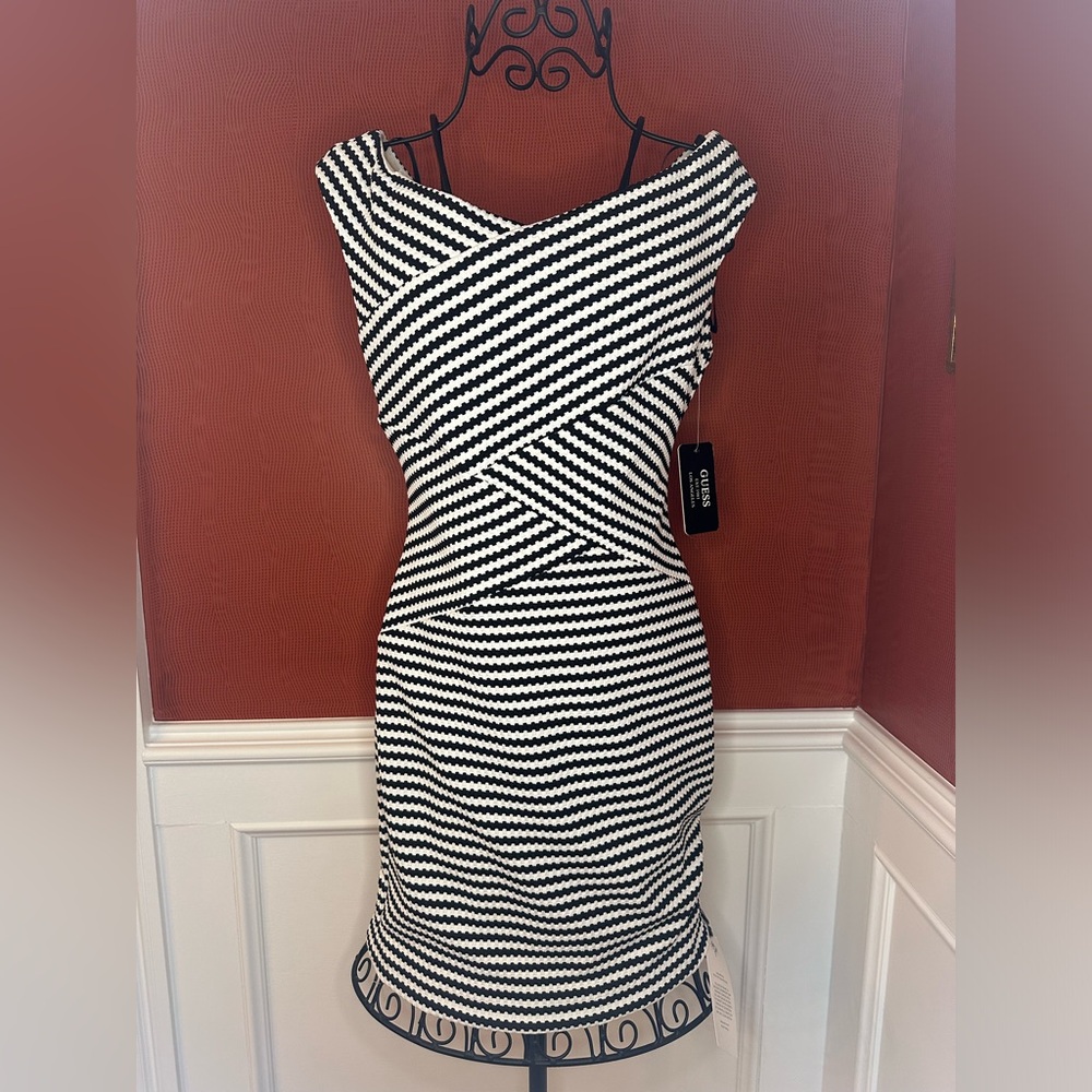 Guess Black And White Off The Shoulder Dress